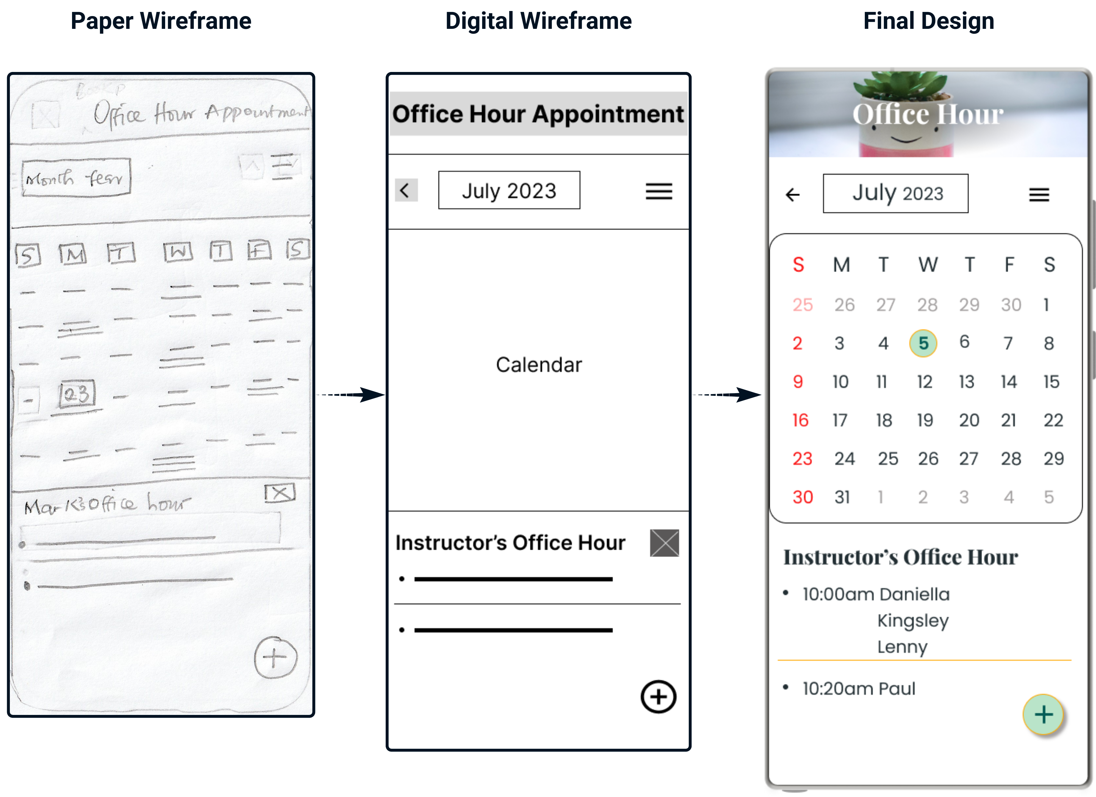 photo of the Office Hour paper and digital wireframe and final design